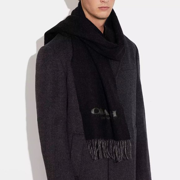NWT COACH Wool & Cashmere Signature Scarf Black & Gray 76053 muffler - Picture 2 of 8